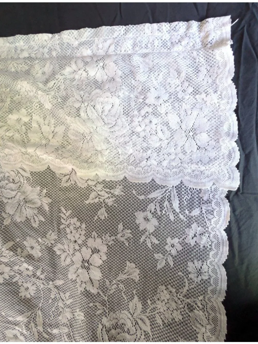 Vtg Lace Curtain Panels Set of 2 Attached Valance White Floral 59